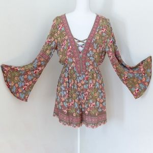 Boho Hippie Floral Festival Romper Bell Sleeve L